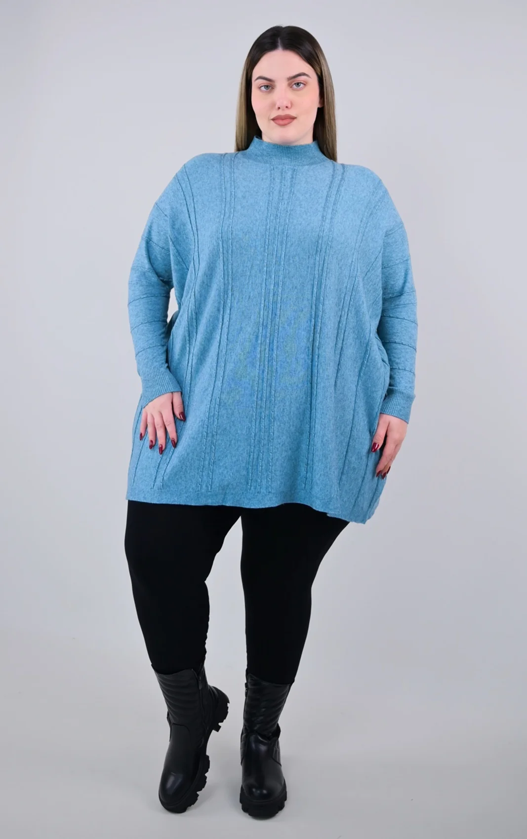 Plus Size Μπλε Πλεκτό Ζιβάγκο Oversized | PsX Fashion