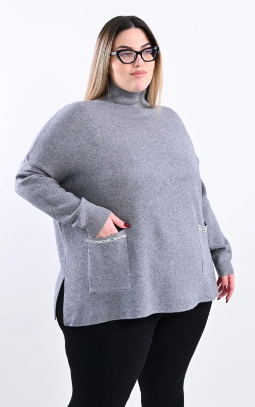 Plus Size Γκρι Πλεκτή Μπλούζα | Με Τσέπες | PsX Fashion