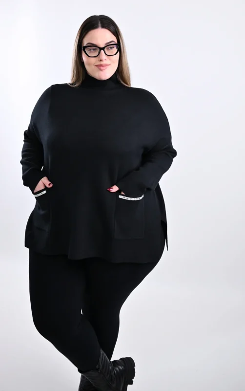 Plus Size Μαύρη Πλεκτή Μπλούζα | Με Τσέπες | PsX Fashion