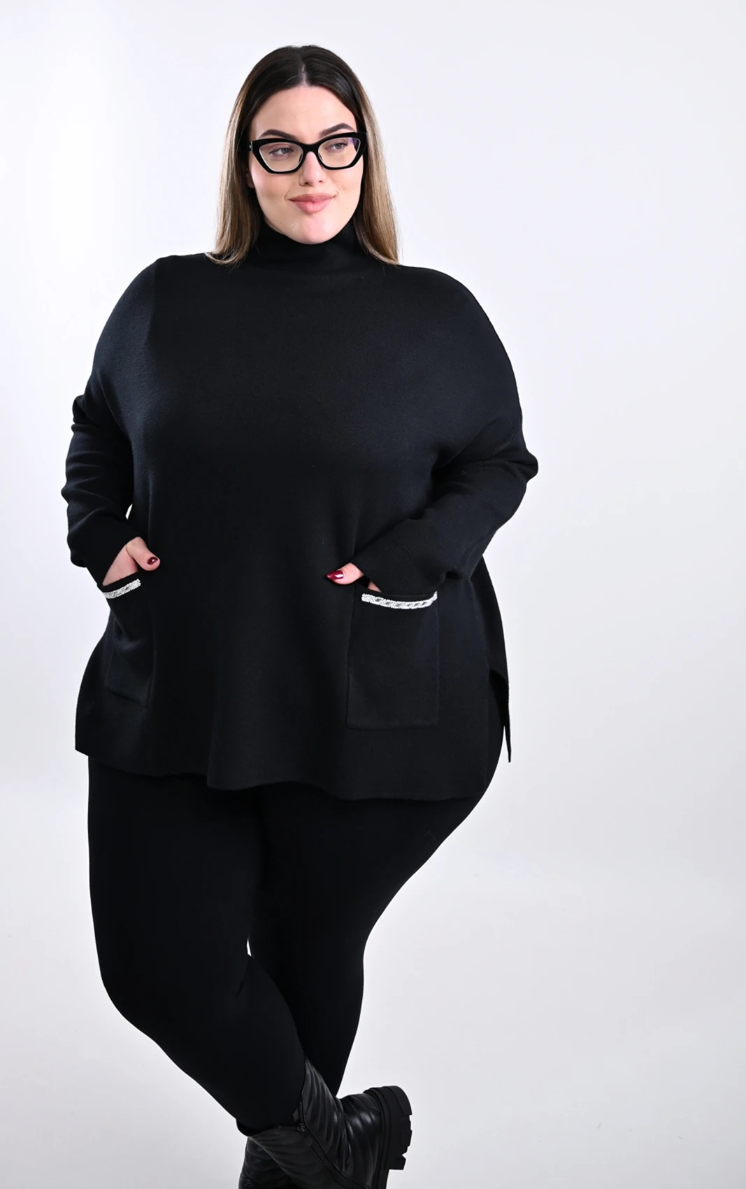 Plus Size Μαύρη Πλεκτή Μπλούζα | Με Τσέπες | PsX Fashion