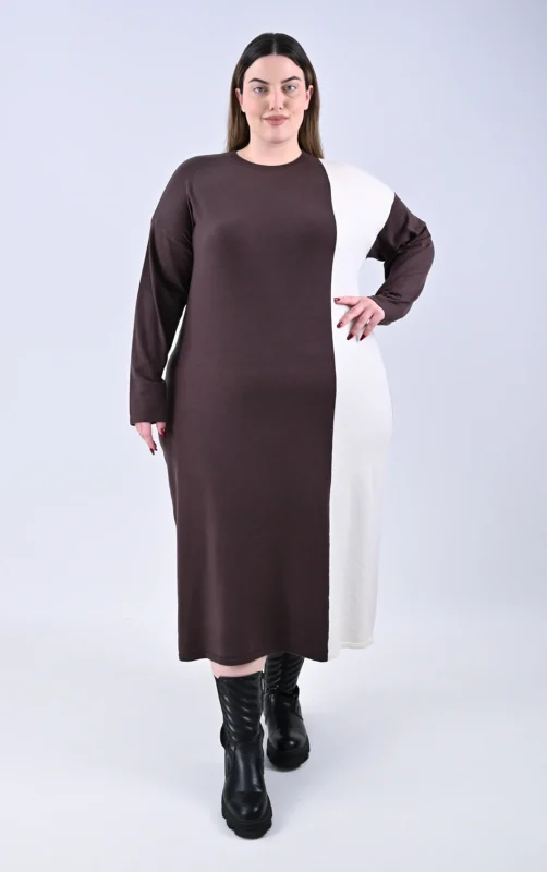 Plus Size Δίχρωμο Πλεκτό Φόρεμα Καφέ/Μπεζ | PsX Fashion