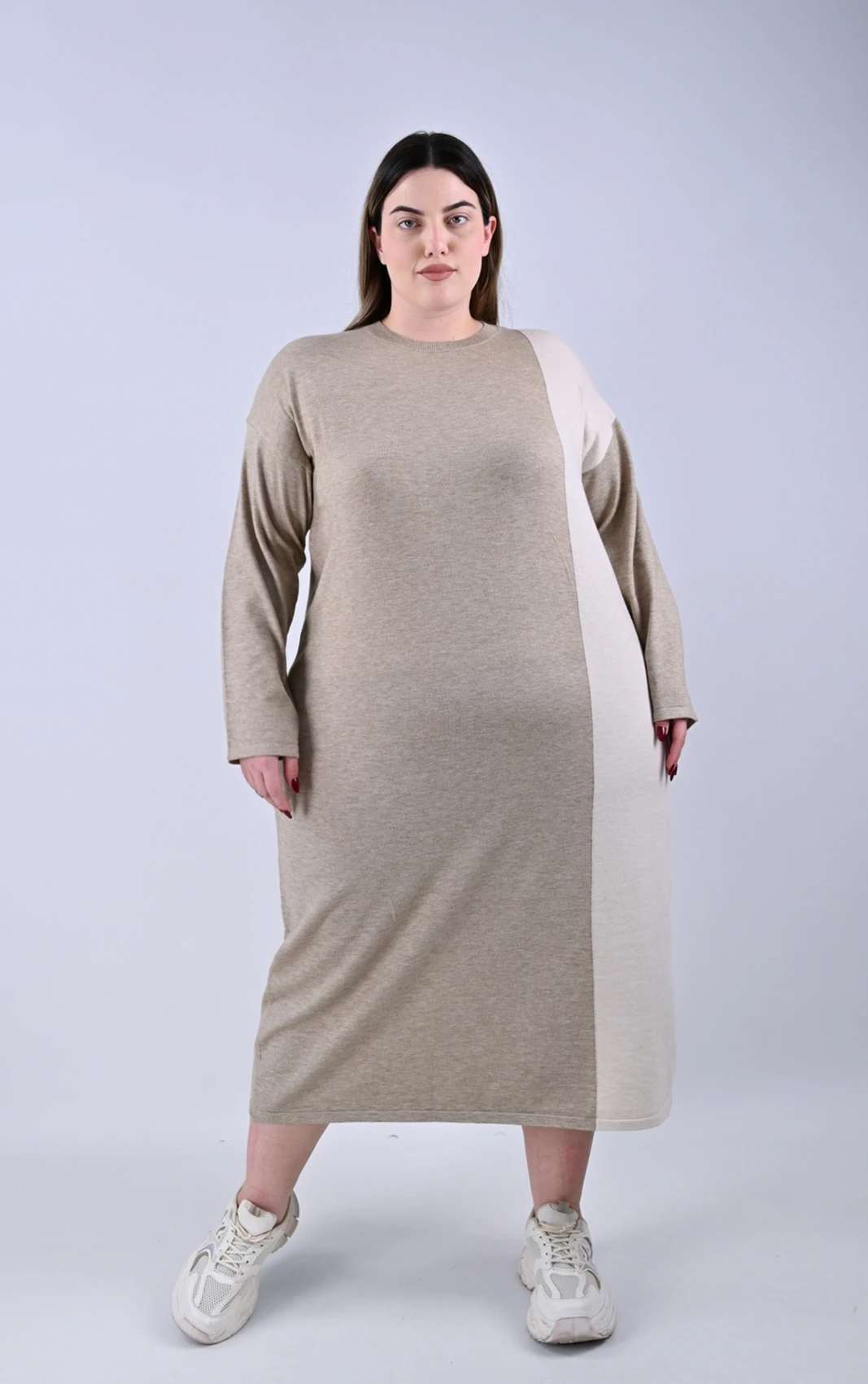 Plus Size Δίχρωμο Πλεκτό Φόρεμα Μπεζ/Εκρού | PsX Fashion