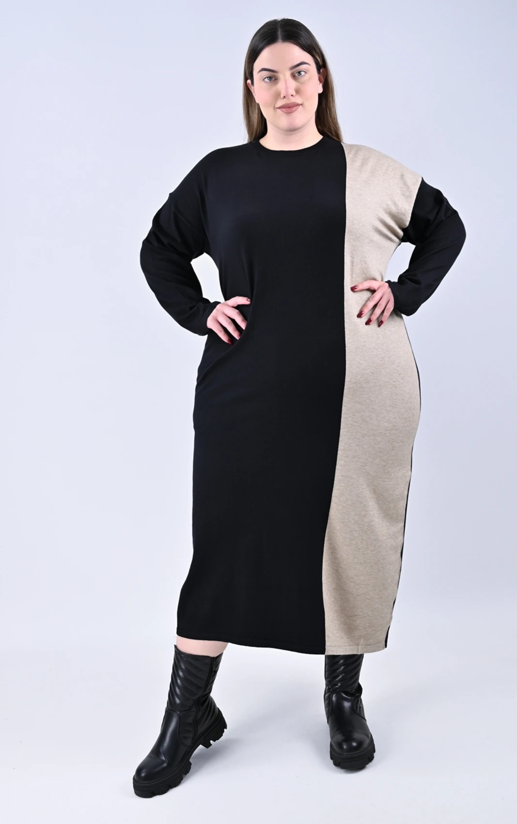 Plus Size Δίχρωμο Πλεκτό Φόρεμα Μαύρο/Μπεζ | PsX Fashion