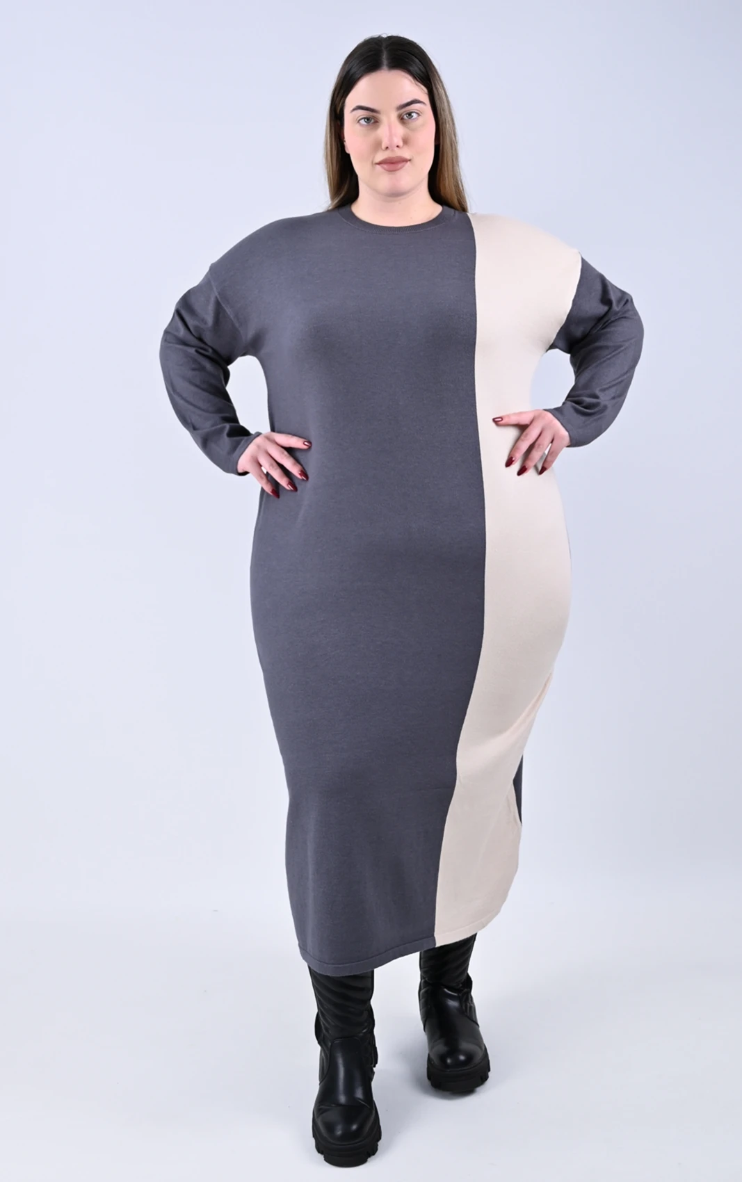 Plus Size Δίχρωμο Πλεκτό Φόρεμα Γκρι/Μπεζ | PsX Fashion