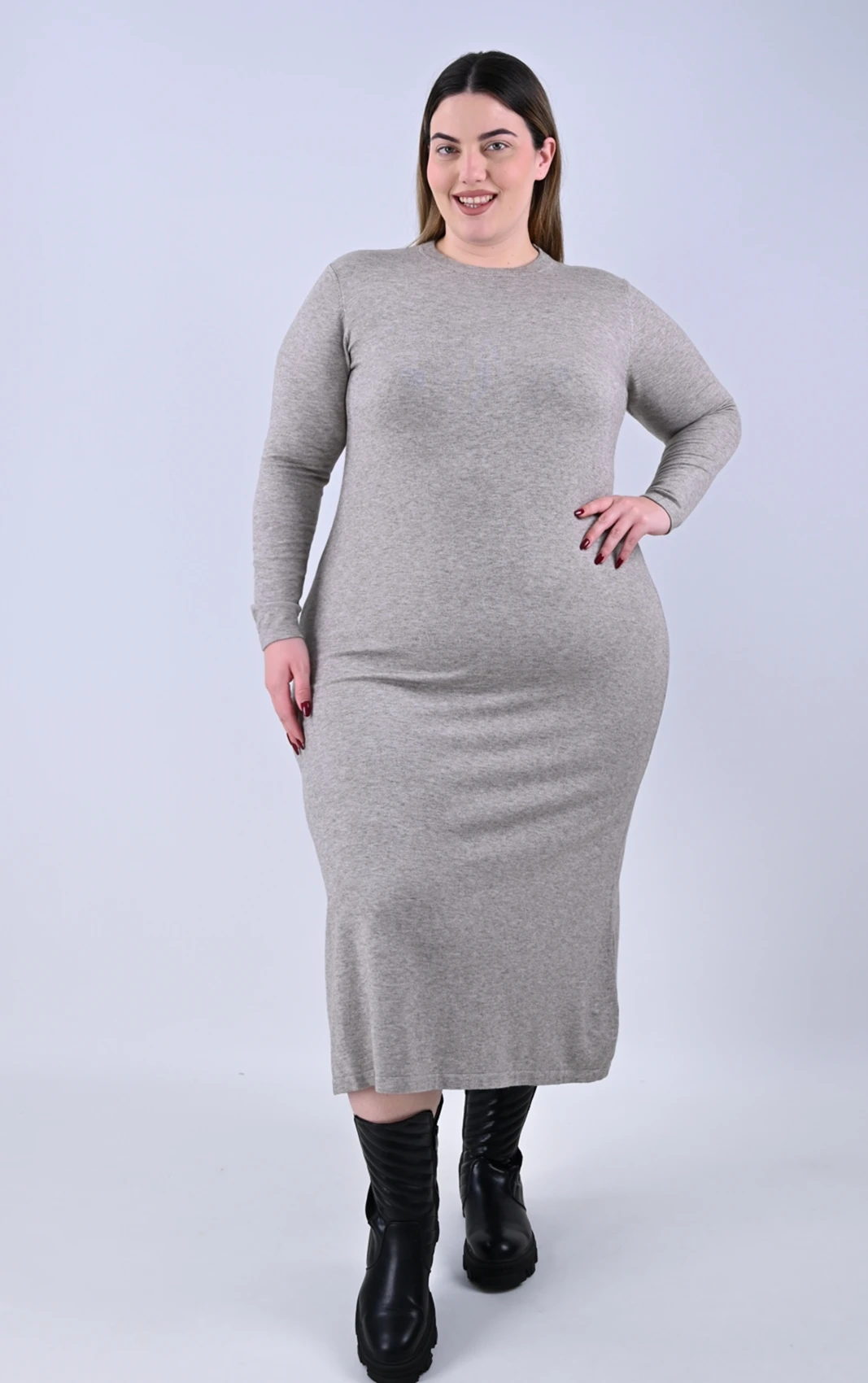 Plus Size Γκρι Πλεκτό Midi Φόρεμα | PsX Fashion