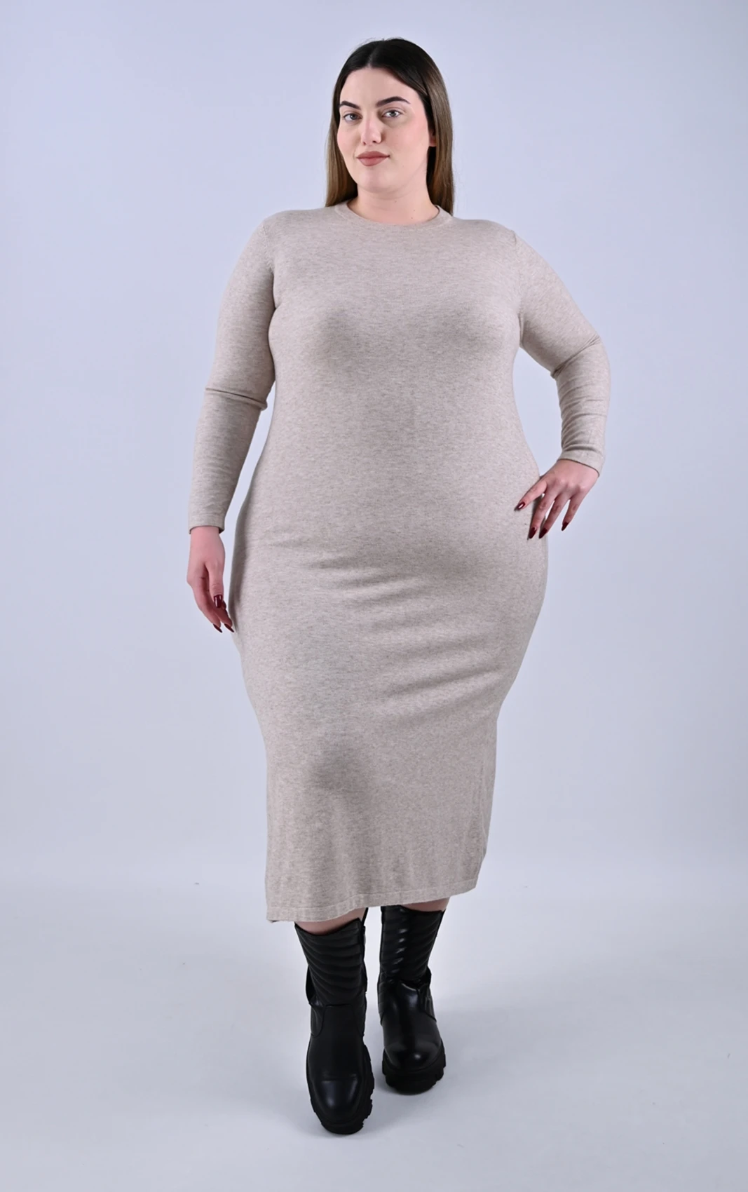 Plus Size Μπεζ Πλεκτό Midi Φόρεμα | PsX Fashion
