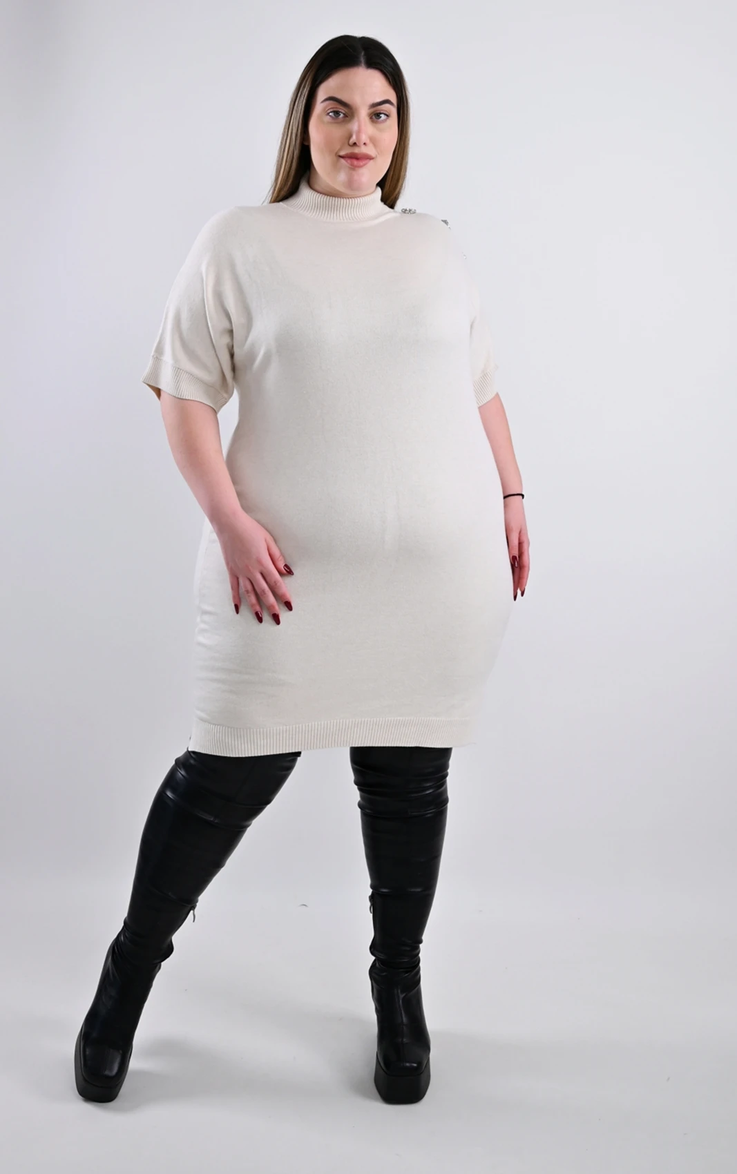 Plus Size Apricot Πλεκτό Φόρεμα | Με Κουμπιά | PsX Fashion