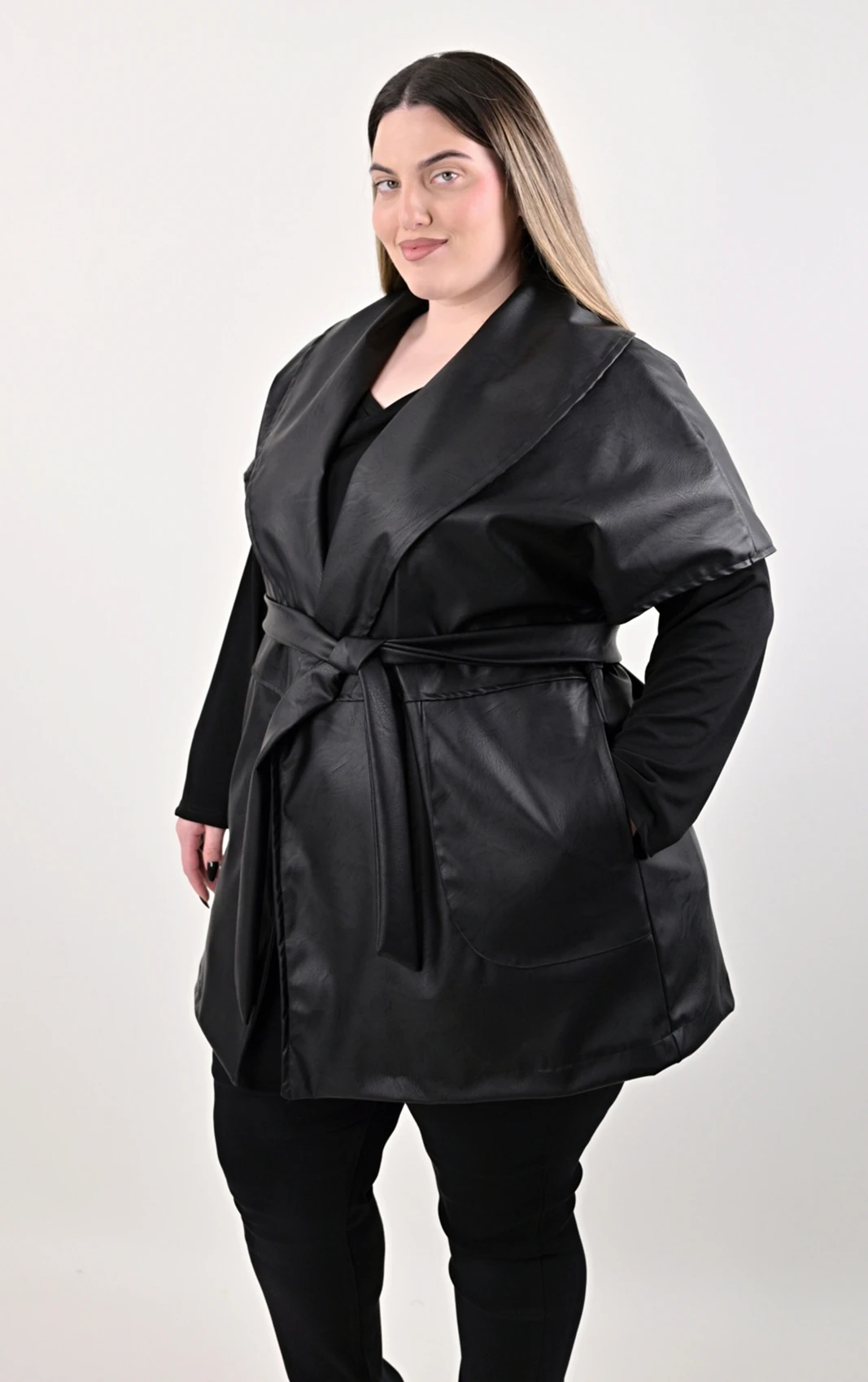 Plus Size Γιλέκο Δερματίνης Λεοπάρ | με Ζώνη | PsX Fashion