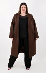 Plus Size Καφέ Μακρύ Παλτό σε Ίσια Γραμμή | PsX Fashion