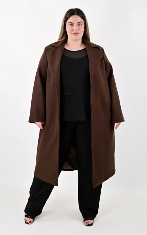 Plus Size Καφέ Μακρύ Παλτό σε Ίσια Γραμμή | PsX Fashion