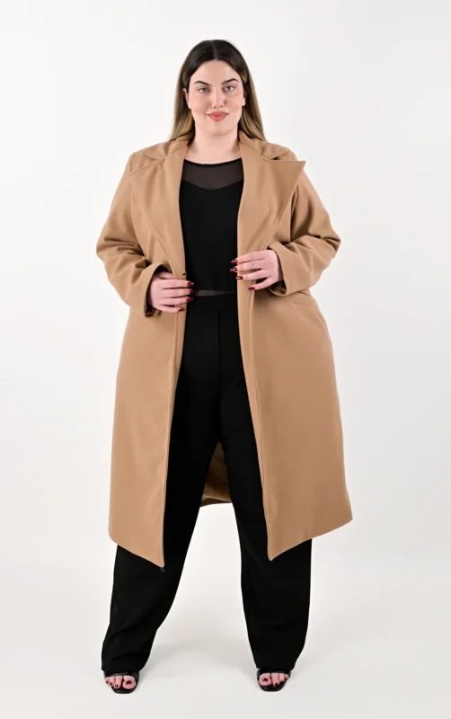 Plus Size Καμηλό Μακρύ Παλτό σε Ίσια Γραμμή | PsX Fashion