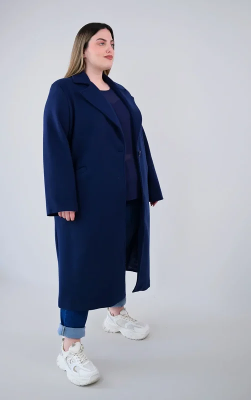 Plus Size Μπλε Μακρύ Παλτό σε Ίσια Γραμμή | PsX Fashion