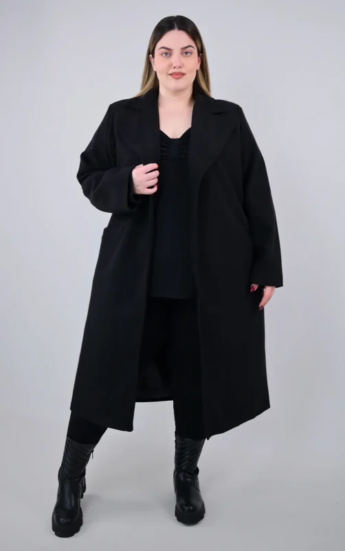 Plus Size Μαύρο Μακρύ Παλτό σε Ίσια Γραμμή | PsX Fashion