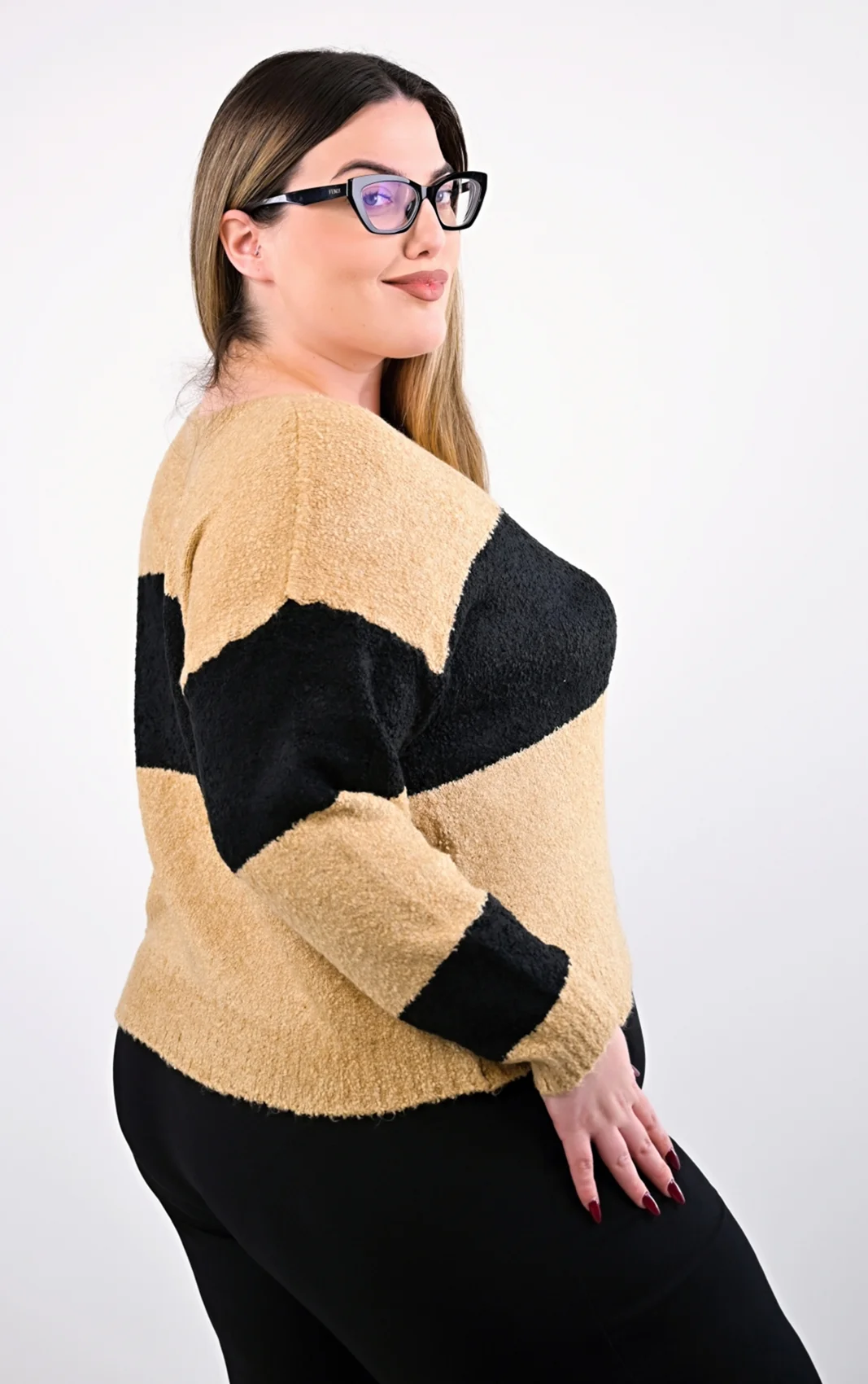 Plus Size Καμηλό Crop Top Πλεκτό με Ρίγες | PsX Fashion