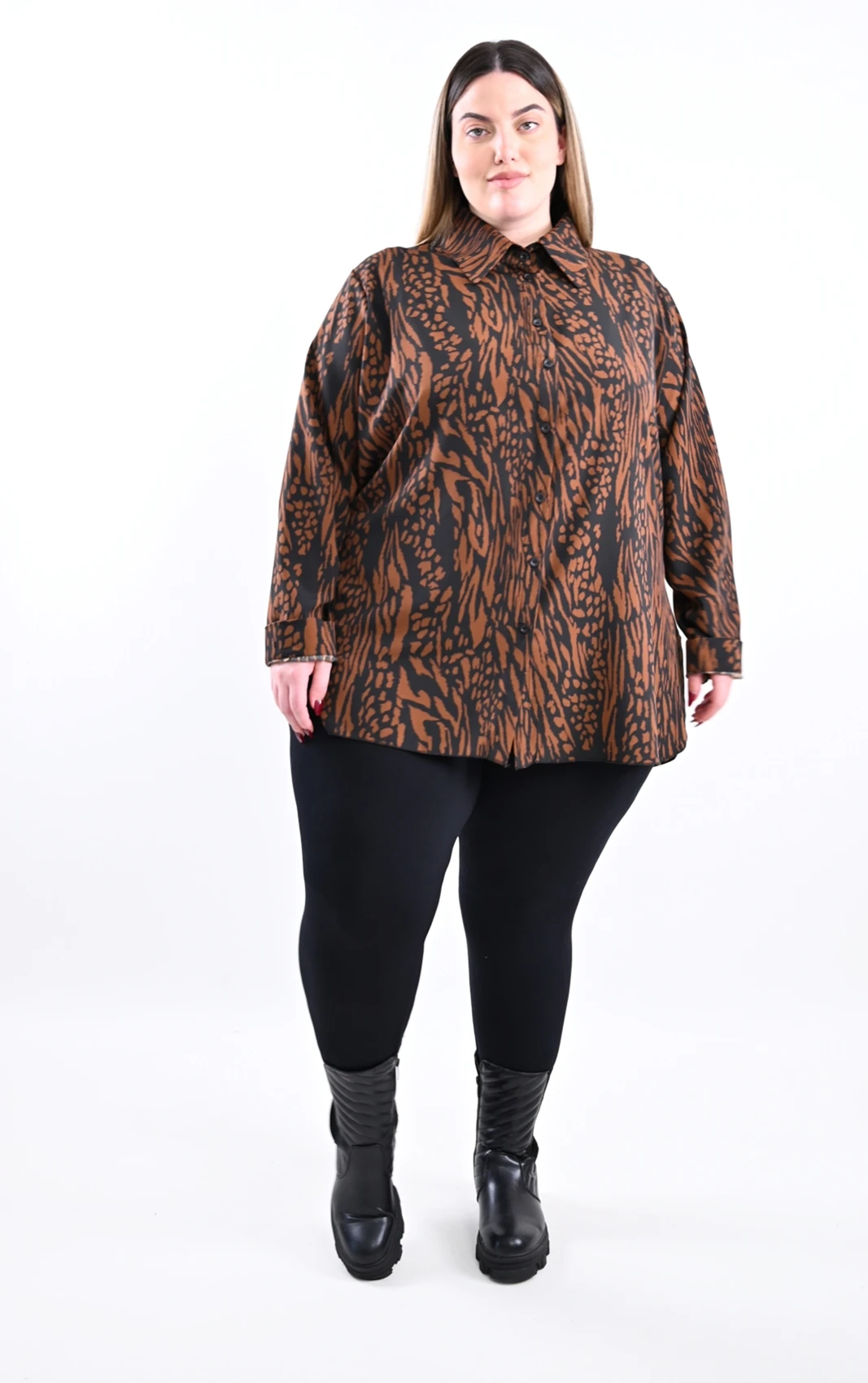 Plus Size Καφέ Πουκαμίσα Zebra | Άνετη Γραμμή | PsX Fashion