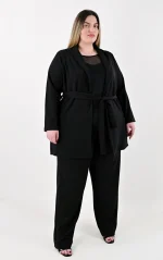 Plus Size Μαύρο Σακάκι Τύπου Ζακέτα με Ζώνη | PsX Fashion