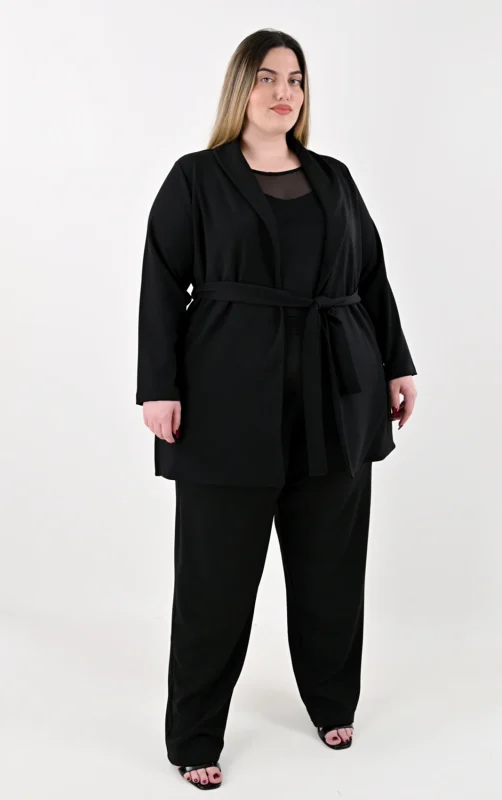 Plus Size Μαύρο Σακάκι Τύπου Ζακέτα με Ζώνη | PsX Fashion