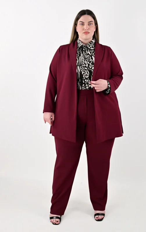 Plus Size Μπορντό Σακάκι-Ζακέτα με Ζώνη | PsX Fashion