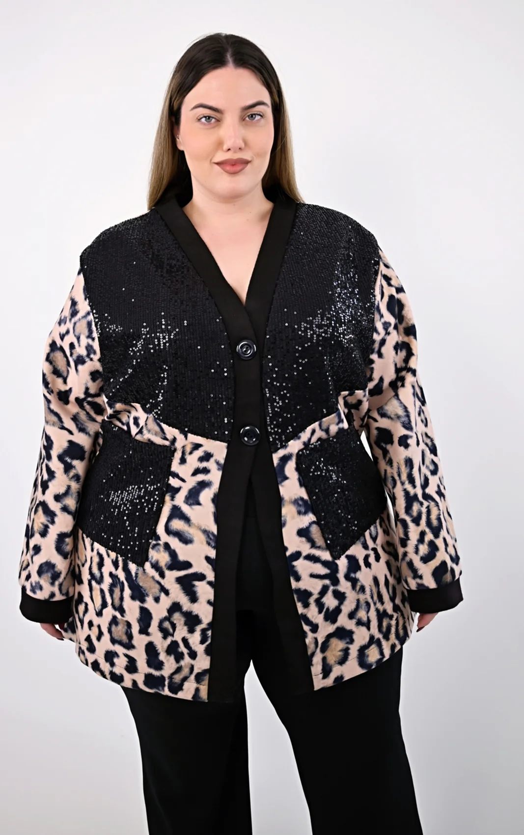 Plus Size Παλτοζακέτα Animal Print Παγιέτες | PsX Fashion