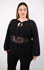 Plus Size Μαύρη Δαντελένια Μπλούζα | PsX Fashion