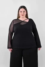 Μαύρη Μπλούζα με Ένα Διάφανο Μανίκι & Ασύμμετρη Λαιμόκοψη - Image 2