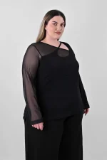 Μαύρη Μπλούζα με Ένα Διάφανο Μανίκι & Ασύμμετρη Λαιμόκοψη - Image 3