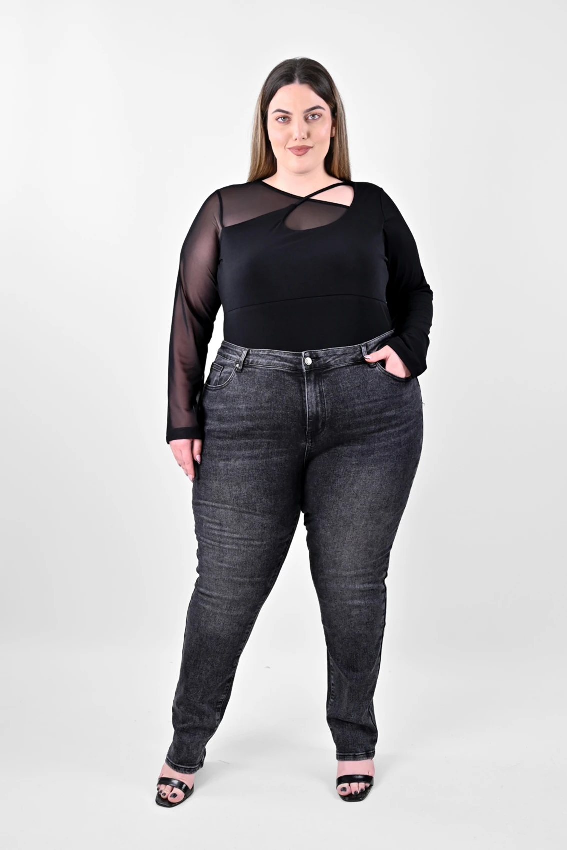 Plus Size Τζιν Παντελόνι Γκρι - Ίσια Γραμμή | PsX Fashion