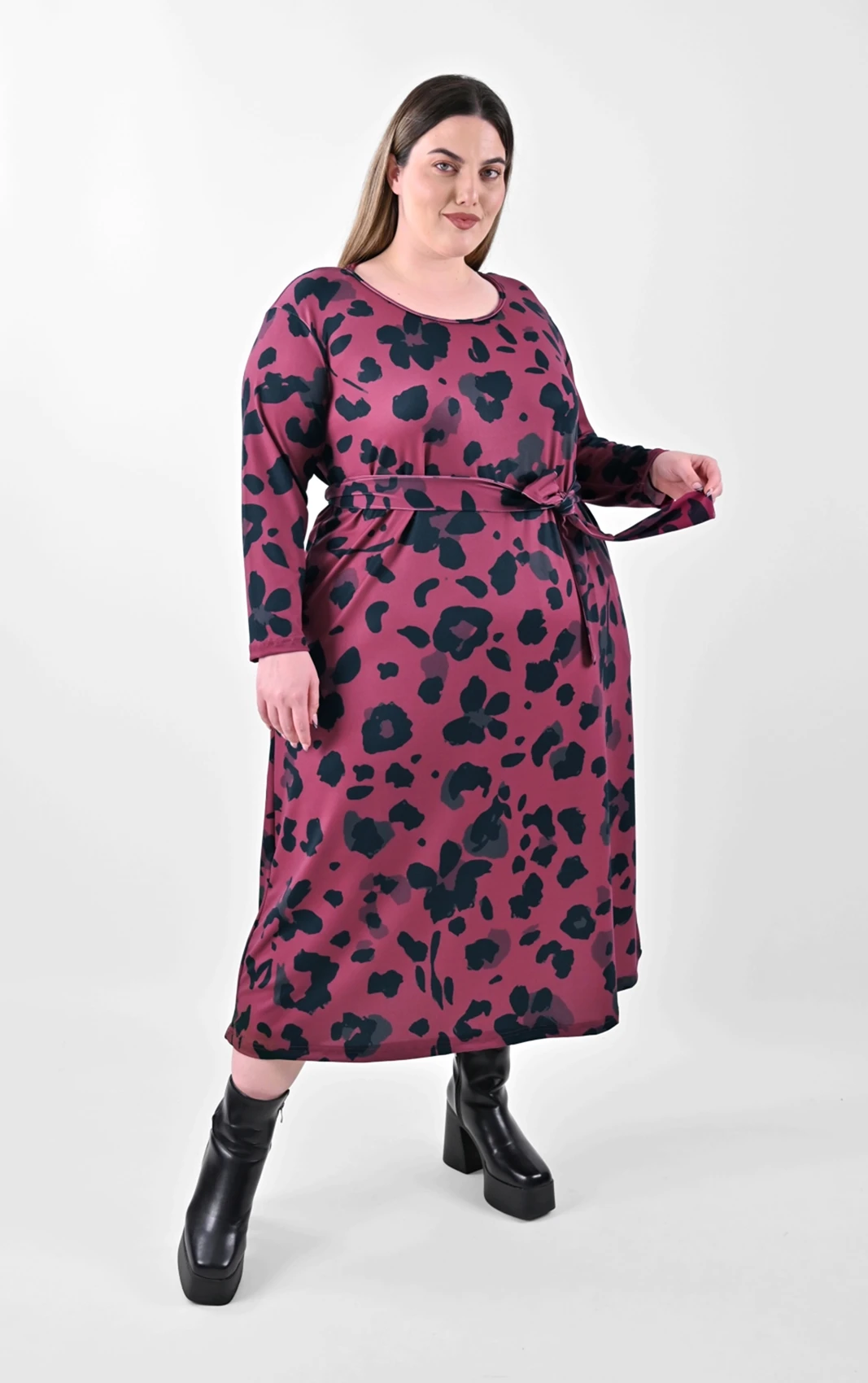 Plus Size Midi Μπορντό Φόρεμα Floral Military | PsX Fashion