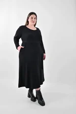 Plus Size Μαύρο Midi Φόρεμα A-Line με Τσέπες | PsX Fashion