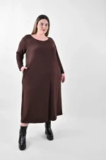 Plus Size Καφέ Midi Φόρεμα A-Line με Τσέπες | PsX Fashion