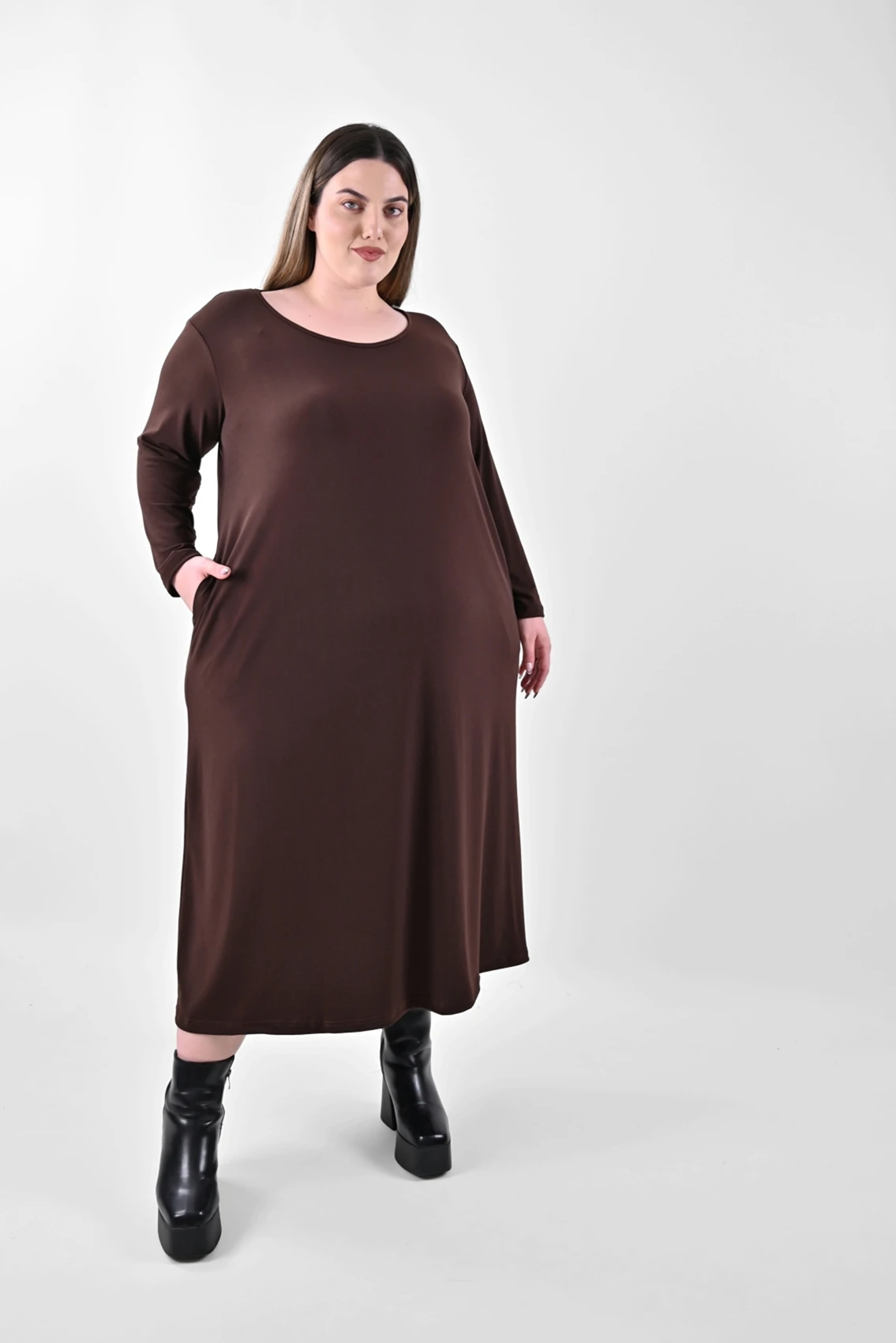 Plus Size Καφέ Midi Φόρεμα A-Line με Τσέπες | PsX Fashion