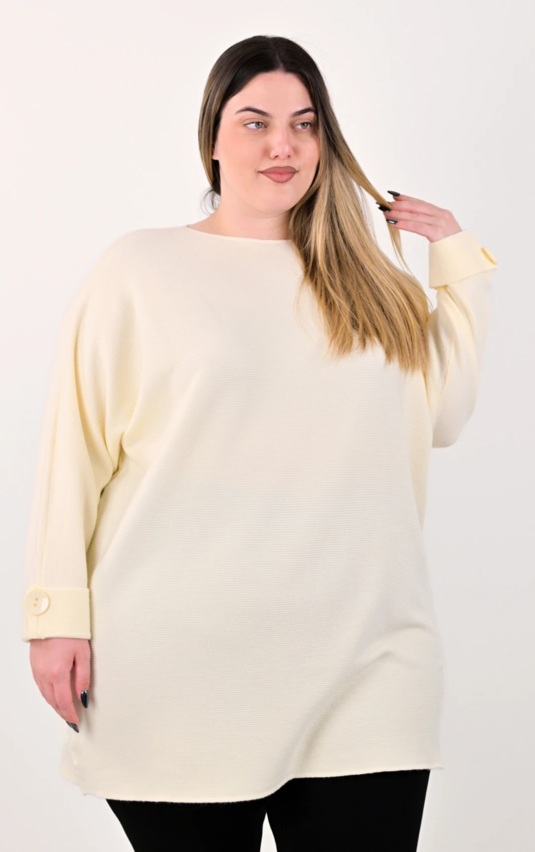 Plus Size Πλεκτό Μπλουζοφόρεμα με Κουμπί | PsX Fashion