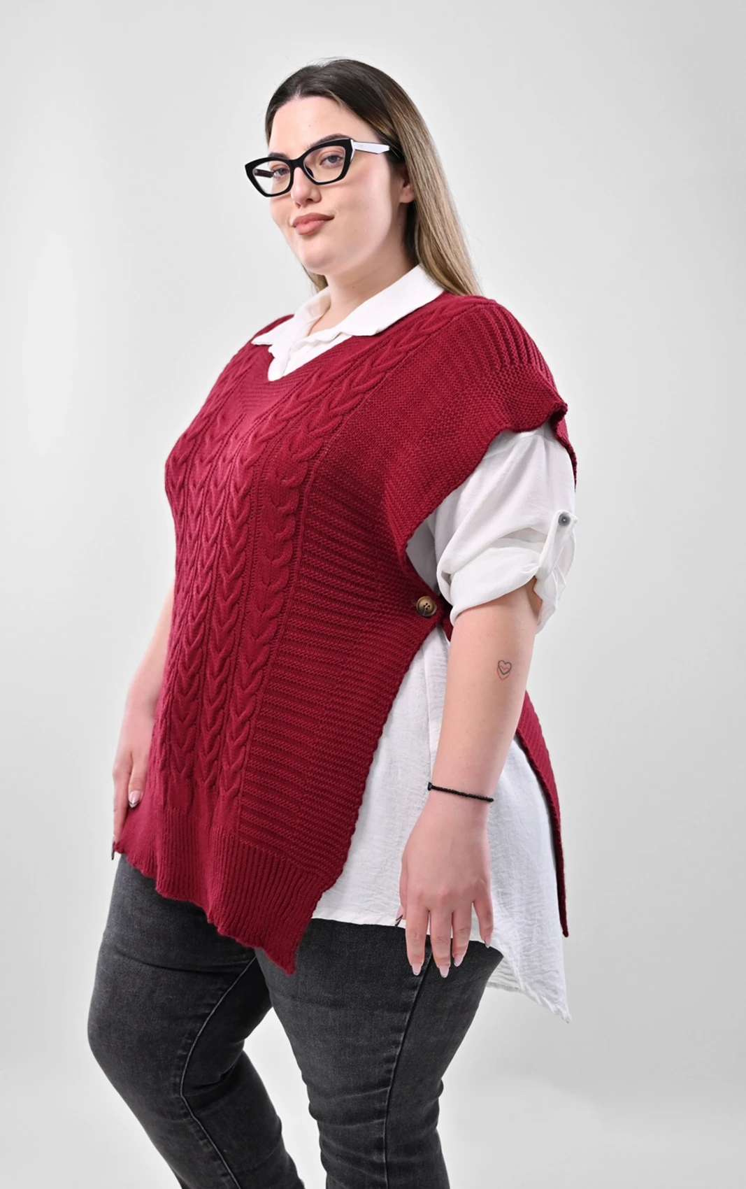 Plus Size Πουκάμισο & Μπορντό Πλεκτή Καζάκα | PsX Fashion