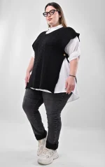 Plus Size Πουκάμισο & Μαύρη Πλεκτή Καζάκα | PsX Fashion