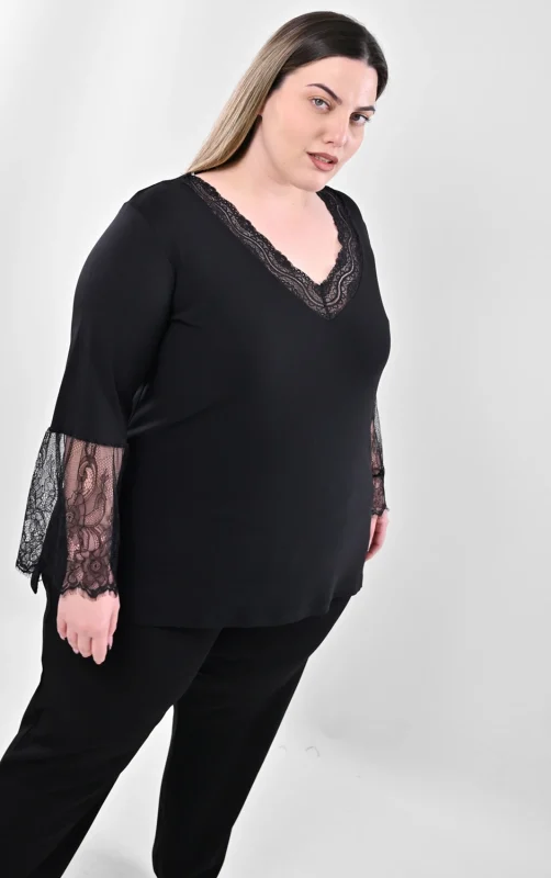 Plus Size Μπλούζα Μαύρη με Δαντέλα | PsX Fashion