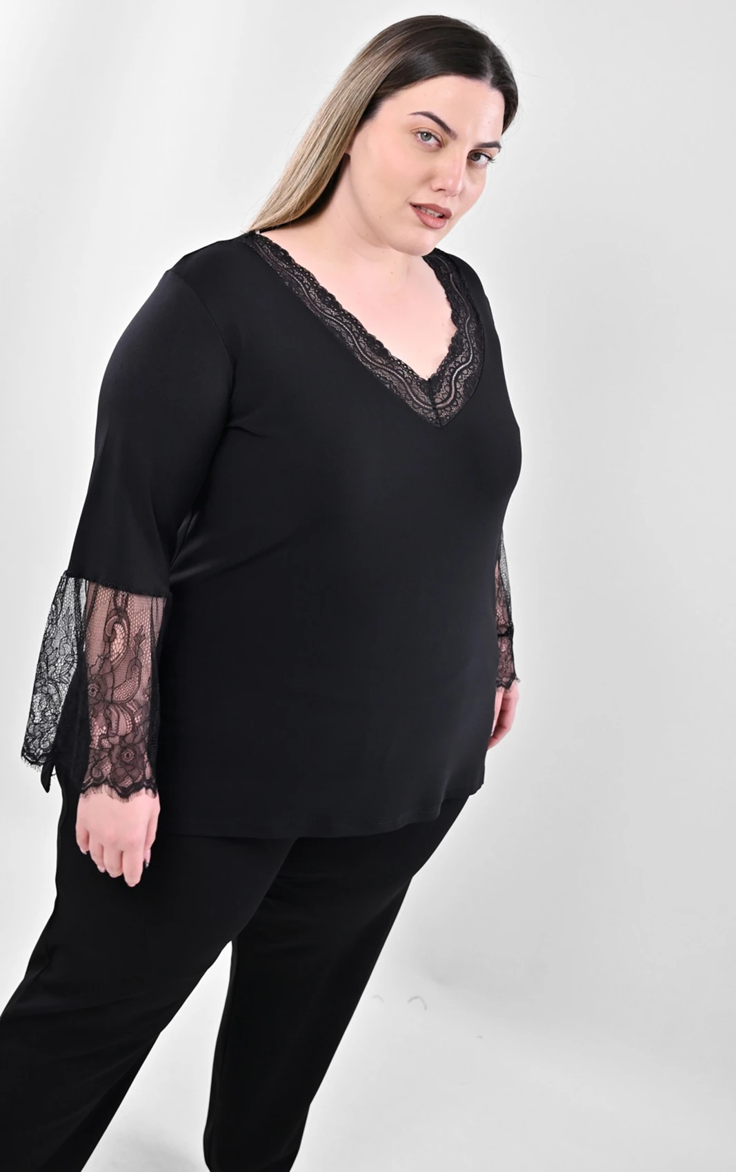 Plus Size Μπλούζα Μαύρη με Δαντέλα | PsX Fashion