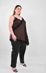 Ασύμμετρο Top Lingerie Καφέ με Δαντέλα - Image 5