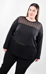Plus Size Μακρυμάνικη Μπλούζα με Δαντέλα | PsX Fashion