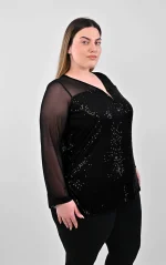 Μαύρη Μπλούζα Παγιέτα με Διάφανα Μανίκια - Image 3