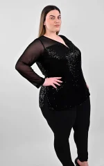 Μαύρη Μπλούζα Παγιέτα με Διάφανα Μανίκια - Image 4