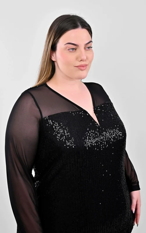 Plus Size Μαύρη Μπλούζα Παγιέτα | PsX Fashion