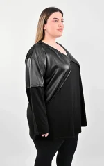 Μαύρη Μπλούζα με Λεπτομέρειες Δερματίνης - Image 4