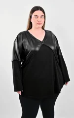 Μαύρη Μπλούζα με Λεπτομέρειες Δερματίνης - Image 2