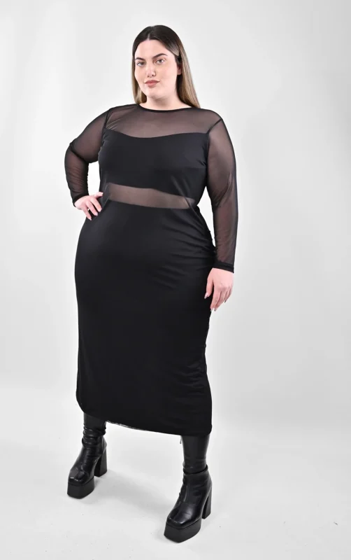 Plus Size Μαύρο Midi Φόρεμα "Cut-Out" με Τούλι | PsX Fashion