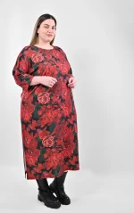 Midi Φόρεμα σε Άνετη Γραμμή με Κόκκινο Floral Print - Image 2