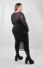 Midi Μαύρο Φόρεμα με Σούρες & Διάφανο Τούλι - Image 7