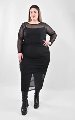 Midi Μαύρο Φόρεμα με Σούρες & Διάφανο Τούλι - Image 2