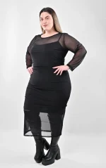 Plus Size Midi Μαύρο Φόρεμα με Σούρες & Τούλι | PsX Fashion