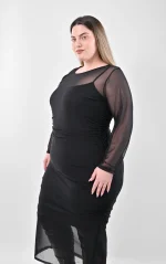 Midi Μαύρο Φόρεμα με Σούρες & Διάφανο Τούλι - Image 5