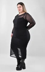 Midi Μαύρο Φόρεμα με Σούρες & Διάφανο Τούλι - Image 3